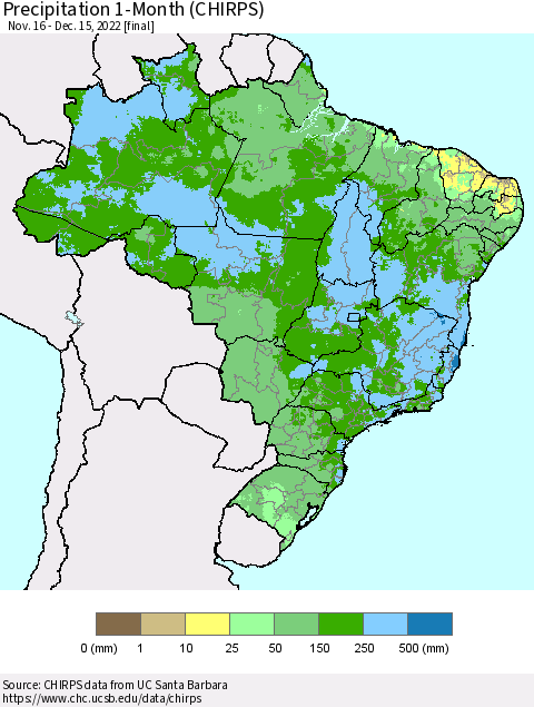 Brazil Precipitation 1-Month (CHIRPS) Thematic Map For 11/16/2022 - 12/15/2022