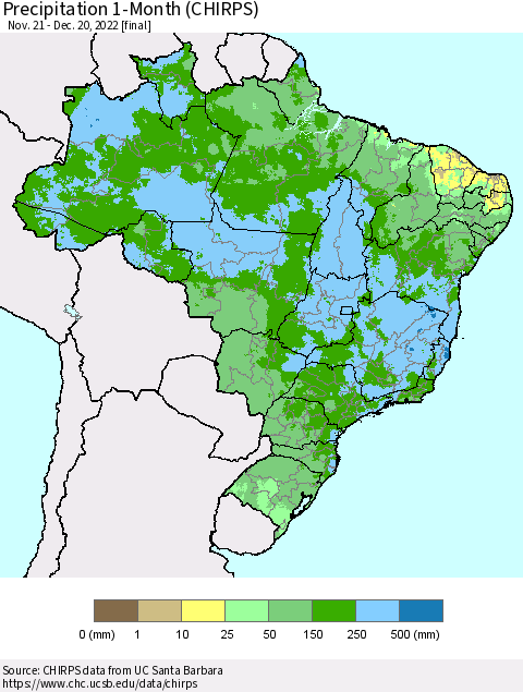 Brazil Precipitation 1-Month (CHIRPS) Thematic Map For 11/21/2022 - 12/20/2022