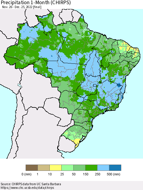 Brazil Precipitation 1-Month (CHIRPS) Thematic Map For 11/26/2022 - 12/25/2022