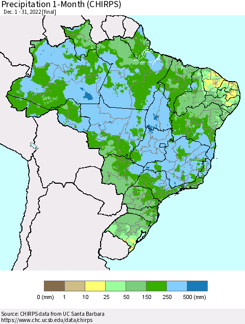 Brazil Precipitation 1-Month (CHIRPS) Thematic Map For 12/1/2022 - 12/31/2022