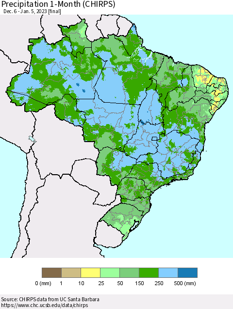 Brazil Precipitation 1-Month (CHIRPS) Thematic Map For 12/6/2022 - 1/5/2023