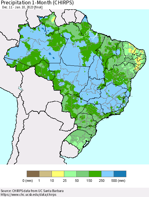 Brazil Precipitation 1-Month (CHIRPS) Thematic Map For 12/11/2022 - 1/10/2023