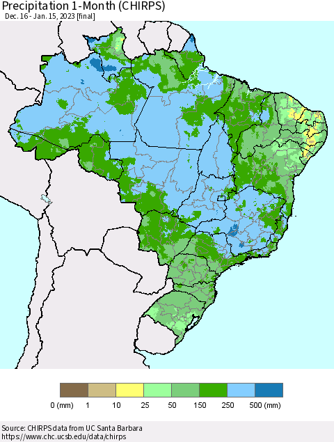 Brazil Precipitation 1-Month (CHIRPS) Thematic Map For 12/16/2022 - 1/15/2023