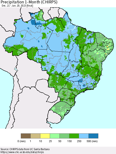 Brazil Precipitation 1-Month (CHIRPS) Thematic Map For 12/21/2022 - 1/20/2023