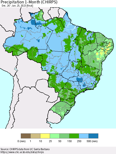 Brazil Precipitation 1-Month (CHIRPS) Thematic Map For 12/26/2022 - 1/25/2023