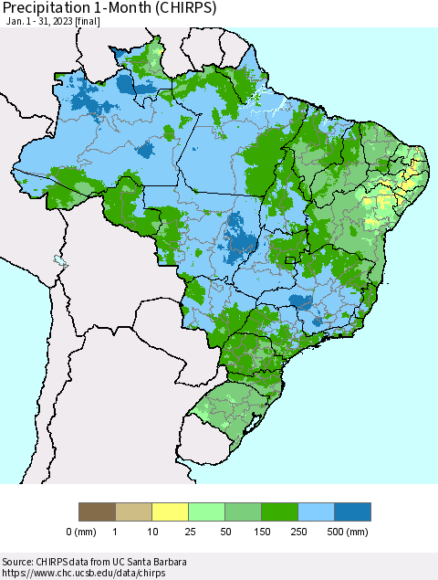 Brazil Precipitation 1-Month (CHIRPS) Thematic Map For 1/1/2023 - 1/31/2023