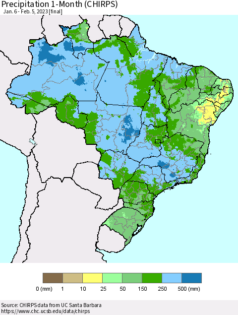 Brazil Precipitation 1-Month (CHIRPS) Thematic Map For 1/6/2023 - 2/5/2023