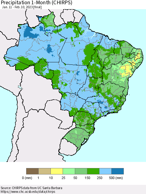 Brazil Precipitation 1-Month (CHIRPS) Thematic Map For 1/11/2023 - 2/10/2023