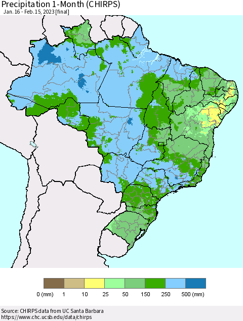 Brazil Precipitation 1-Month (CHIRPS) Thematic Map For 1/16/2023 - 2/15/2023
