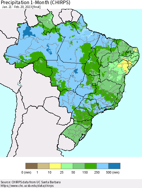 Brazil Precipitation 1-Month (CHIRPS) Thematic Map For 1/21/2023 - 2/20/2023