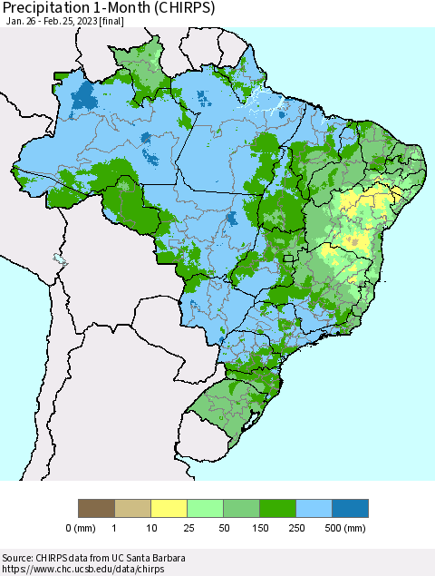 Brazil Precipitation 1-Month (CHIRPS) Thematic Map For 1/26/2023 - 2/25/2023