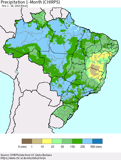 Brazil Precipitation 1-Month (CHIRPS) Thematic Map For 2/1/2023 - 2/28/2023
