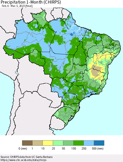 Brazil Precipitation 1-Month (CHIRPS) Thematic Map For 2/6/2023 - 3/5/2023