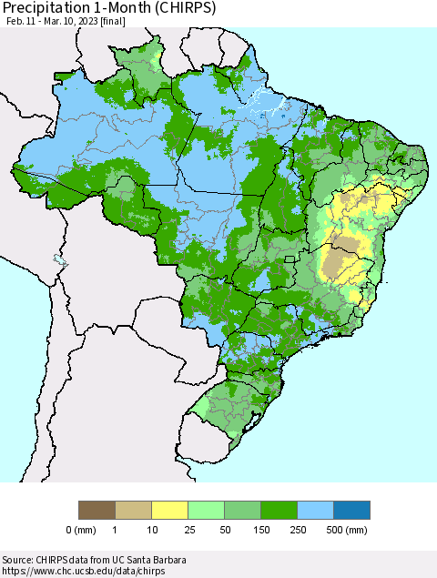 Brazil Precipitation 1-Month (CHIRPS) Thematic Map For 2/11/2023 - 3/10/2023