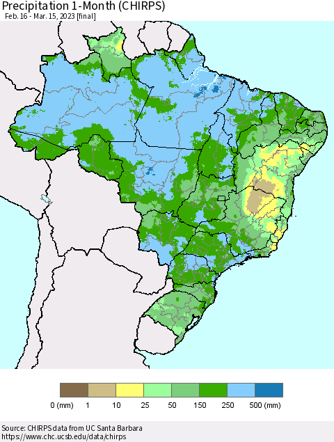 Brazil Precipitation 1-Month (CHIRPS) Thematic Map For 2/16/2023 - 3/15/2023