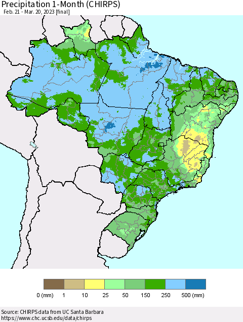 Brazil Precipitation 1-Month (CHIRPS) Thematic Map For 2/21/2023 - 3/20/2023