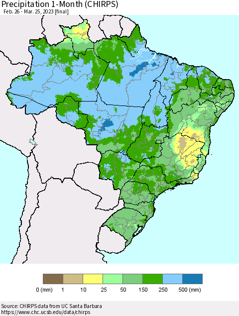 Brazil Precipitation 1-Month (CHIRPS) Thematic Map For 2/26/2023 - 3/25/2023