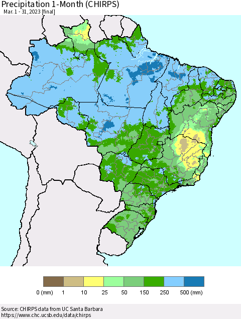Brazil Precipitation 1-Month (CHIRPS) Thematic Map For 3/1/2023 - 3/31/2023