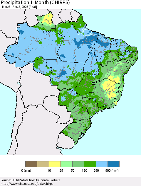 Brazil Precipitation 1-Month (CHIRPS) Thematic Map For 3/6/2023 - 4/5/2023