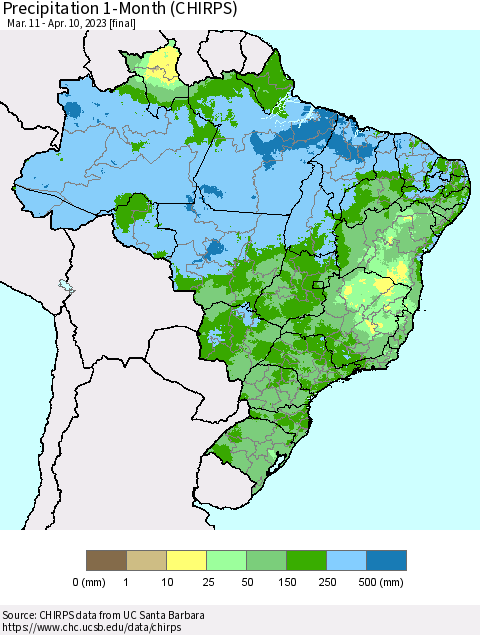 Brazil Precipitation 1-Month (CHIRPS) Thematic Map For 3/11/2023 - 4/10/2023
