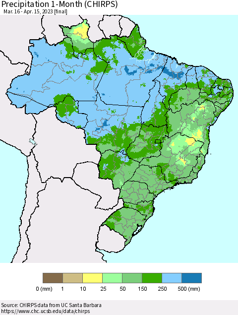 Brazil Precipitation 1-Month (CHIRPS) Thematic Map For 3/16/2023 - 4/15/2023