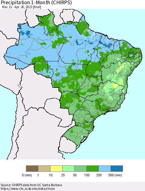 Brazil Precipitation 1-Month (CHIRPS) Thematic Map For 3/21/2023 - 4/20/2023