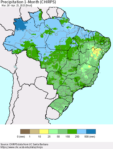 Brazil Precipitation 1-Month (CHIRPS) Thematic Map For 3/26/2023 - 4/25/2023