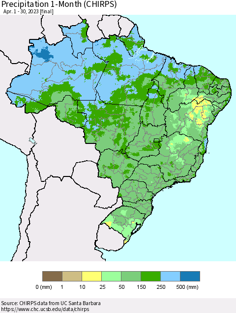 Brazil Precipitation 1-Month (CHIRPS) Thematic Map For 4/1/2023 - 4/30/2023