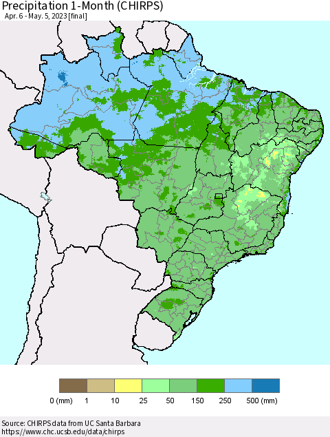 Brazil Precipitation 1-Month (CHIRPS) Thematic Map For 4/6/2023 - 5/5/2023