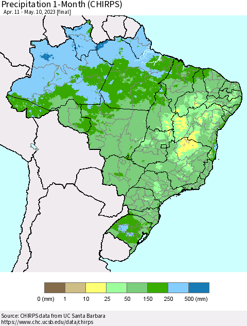 Brazil Precipitation 1-Month (CHIRPS) Thematic Map For 4/11/2023 - 5/10/2023