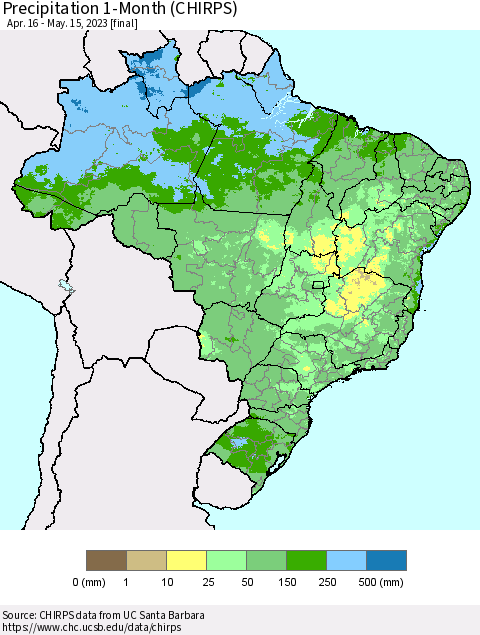 Brazil Precipitation 1-Month (CHIRPS) Thematic Map For 4/16/2023 - 5/15/2023