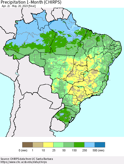 Brazil Precipitation 1-Month (CHIRPS) Thematic Map For 4/21/2023 - 5/20/2023