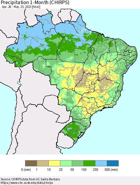 Brazil Precipitation 1-Month (CHIRPS) Thematic Map For 4/26/2023 - 5/25/2023