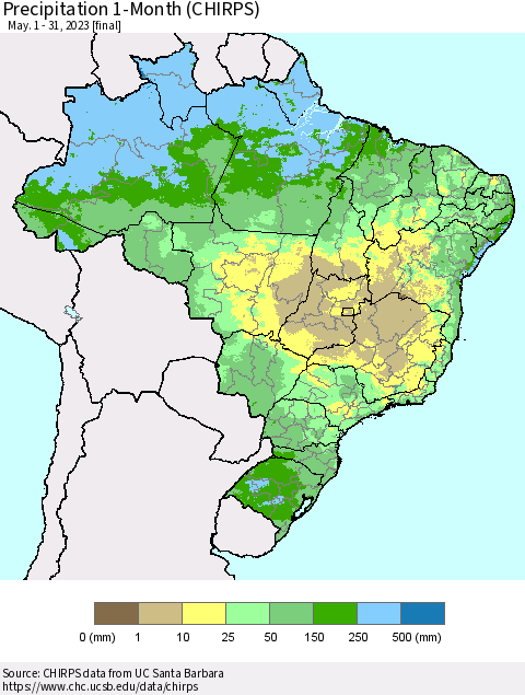 Brazil Precipitation 1-Month (CHIRPS) Thematic Map For 5/1/2023 - 5/31/2023