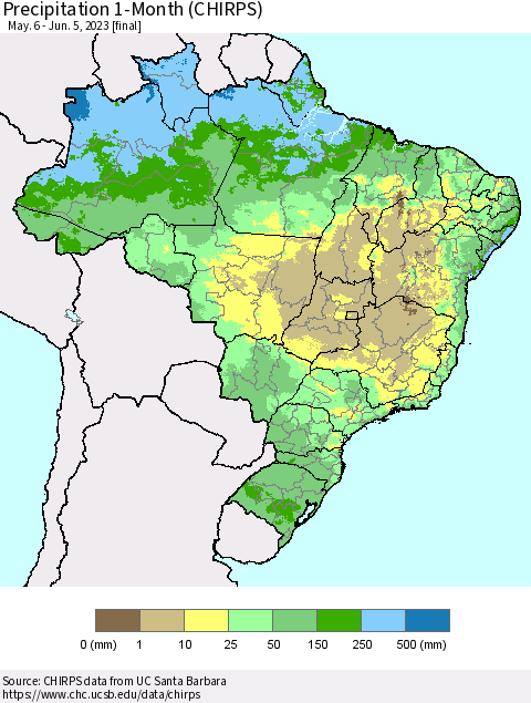 Brazil Precipitation 1-Month (CHIRPS) Thematic Map For 5/6/2023 - 6/5/2023