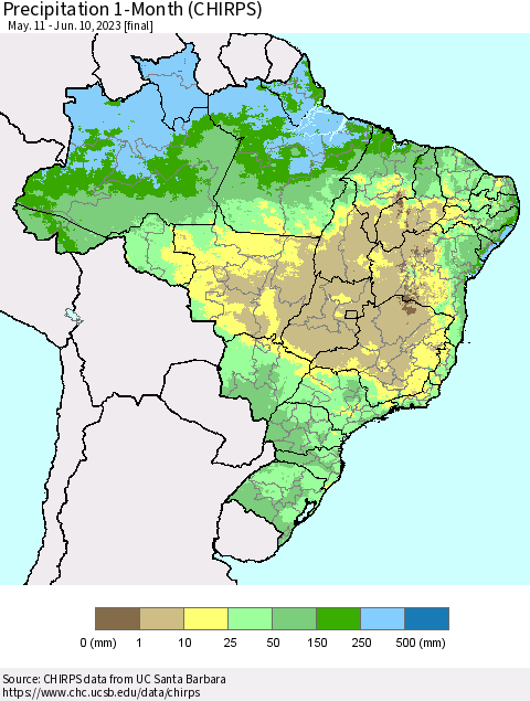 Brazil Precipitation 1-Month (CHIRPS) Thematic Map For 5/11/2023 - 6/10/2023