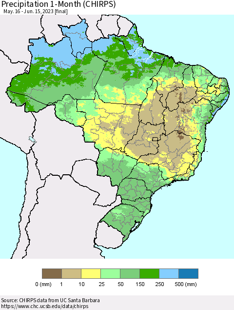 Brazil Precipitation 1-Month (CHIRPS) Thematic Map For 5/16/2023 - 6/15/2023