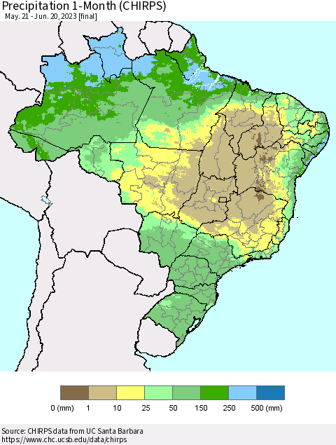 Brazil Precipitation 1-Month (CHIRPS) Thematic Map For 5/21/2023 - 6/20/2023