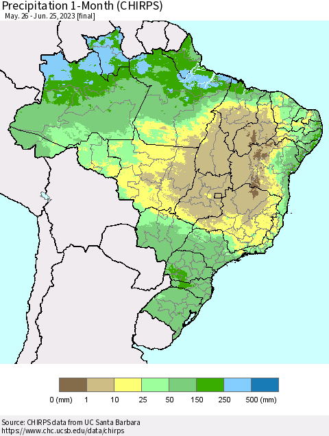 Brazil Precipitation 1-Month (CHIRPS) Thematic Map For 5/26/2023 - 6/25/2023