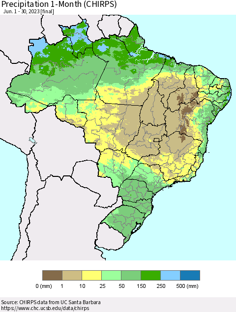 Brazil Precipitation 1-Month (CHIRPS) Thematic Map For 6/1/2023 - 6/30/2023