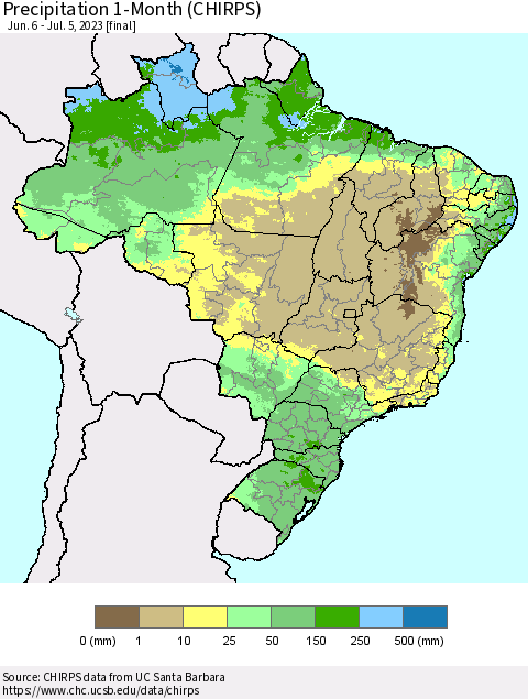 Brazil Precipitation 1-Month (CHIRPS) Thematic Map For 6/6/2023 - 7/5/2023