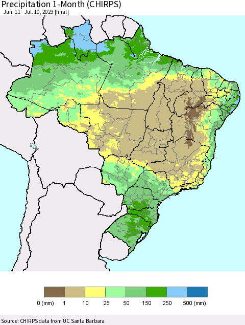Brazil Precipitation 1-Month (CHIRPS) Thematic Map For 6/11/2023 - 7/10/2023