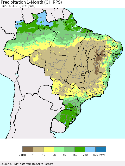 Brazil Precipitation 1-Month (CHIRPS) Thematic Map For 6/16/2023 - 7/15/2023