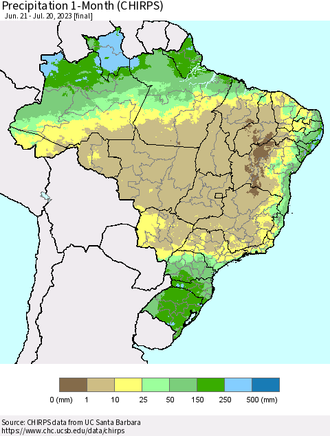 Brazil Precipitation 1-Month (CHIRPS) Thematic Map For 6/21/2023 - 7/20/2023
