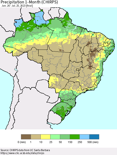 Brazil Precipitation 1-Month (CHIRPS) Thematic Map For 6/26/2023 - 7/25/2023