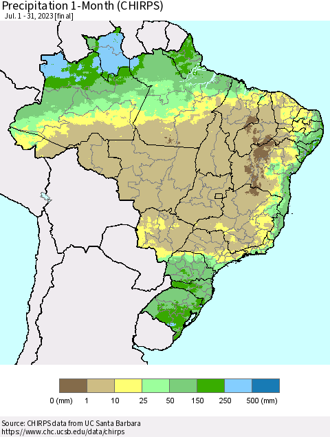 Brazil Precipitation 1-Month (CHIRPS) Thematic Map For 7/1/2023 - 7/31/2023