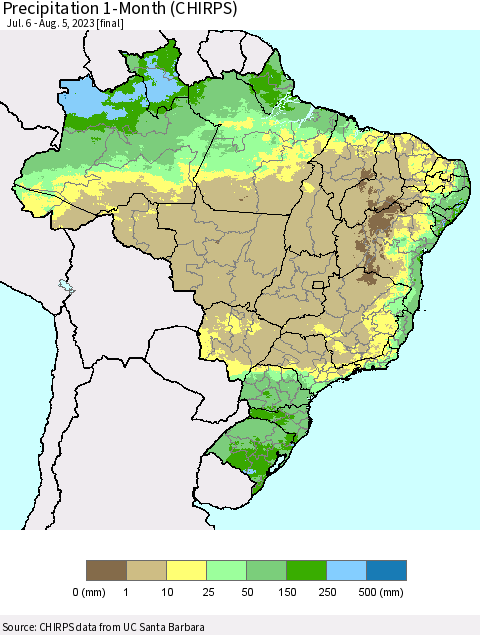 Brazil Precipitation 1-Month (CHIRPS) Thematic Map For 7/6/2023 - 8/5/2023