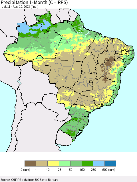 Brazil Precipitation 1-Month (CHIRPS) Thematic Map For 7/11/2023 - 8/10/2023