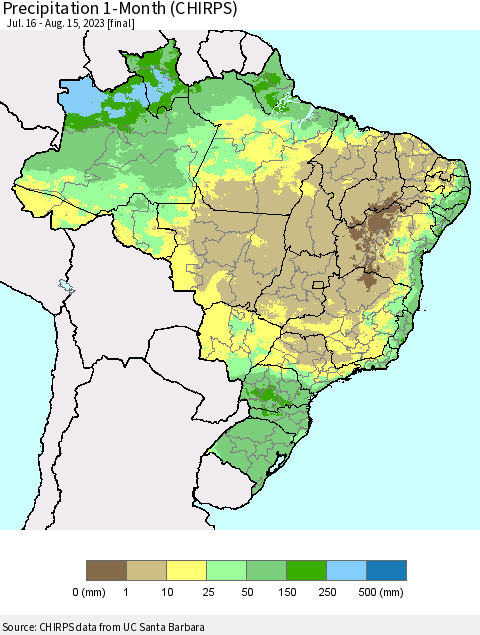 Brazil Precipitation 1-Month (CHIRPS) Thematic Map For 7/16/2023 - 8/15/2023