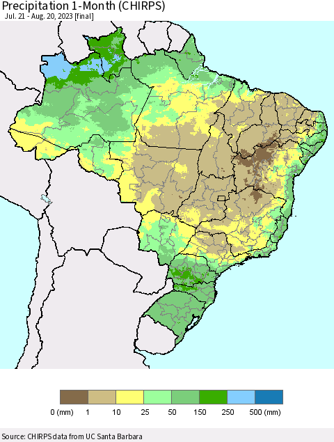 Brazil Precipitation 1-Month (CHIRPS) Thematic Map For 7/21/2023 - 8/20/2023